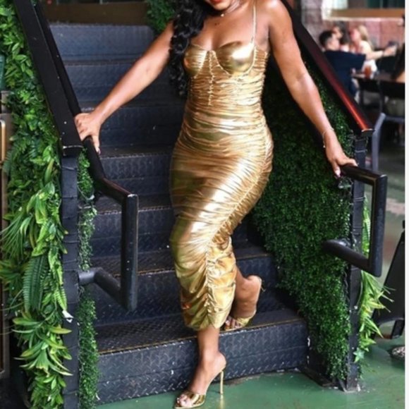 . Dresses & Skirts - Ruched Split Thigh Cami Bodycon Gold Metallic Dress